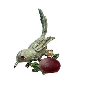 Vintage Figural Bird Pin Red Cabochon Enamel Branch Brooch